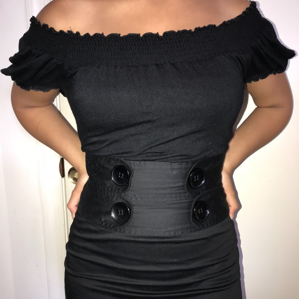 Off shoulder black office dress